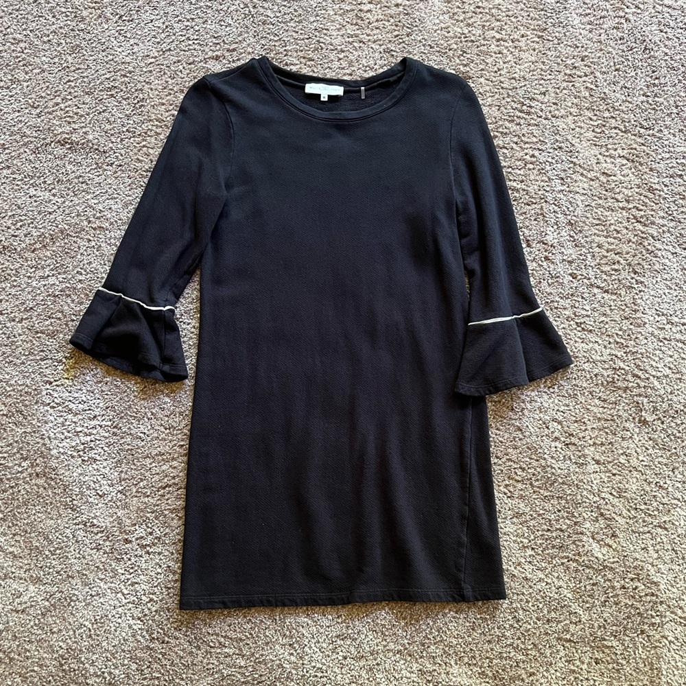 WHITE + WARREN | Modern Flutter dress | black 3/4 sleeve knit dress |